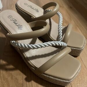 Pink Lily Beige and Cream Espadrille Wedges